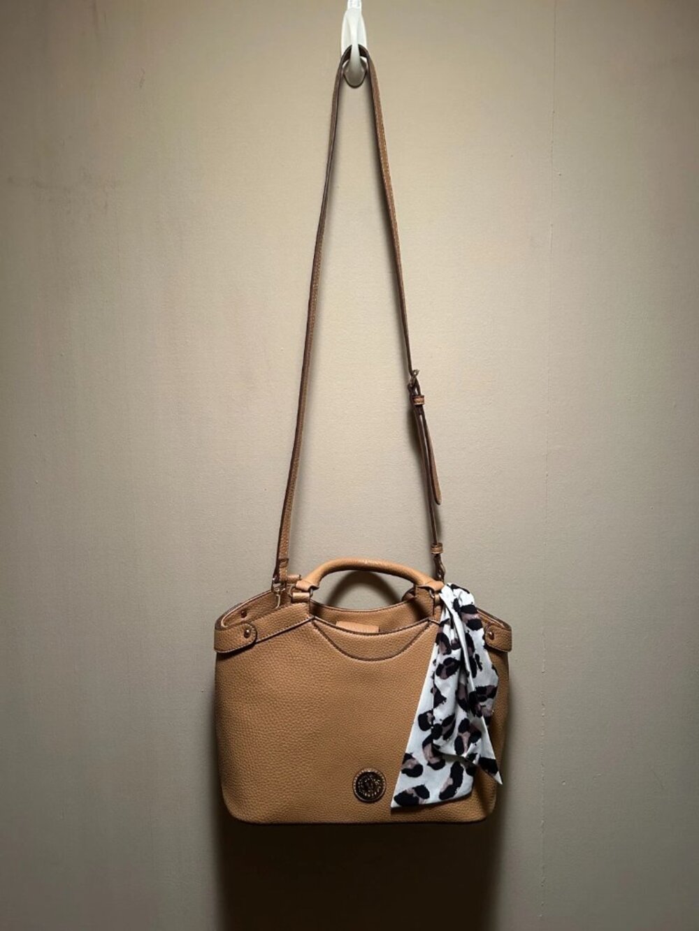 Anne Klein Soho satchel faux leather with animal print scarf and crossbody strap